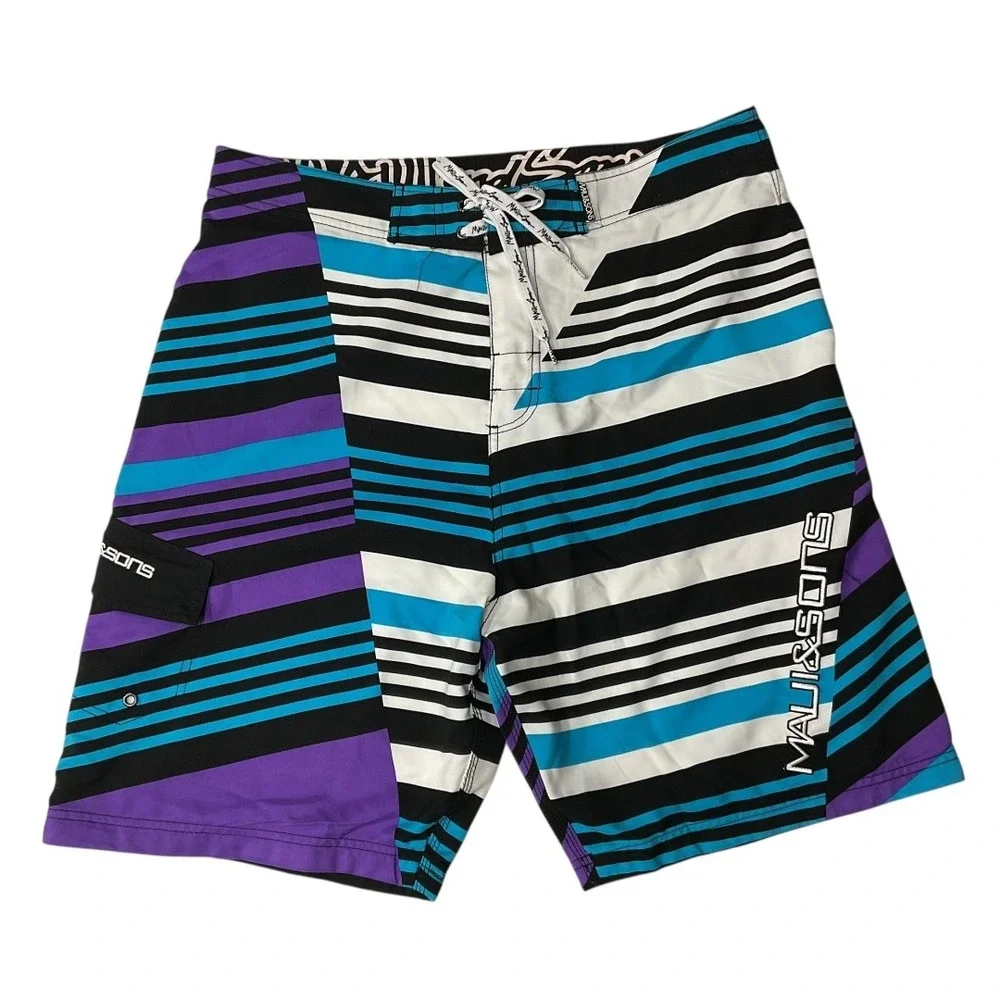 Maui and Sons Board Shorts Size 36 White Blue Purple‎ Striped Drawstring Waist